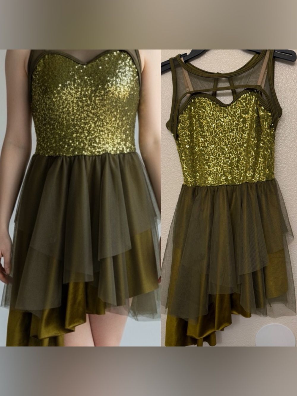 Curtain Call Dance Costume dress R308 olive green leotard sequin ASM SA adult